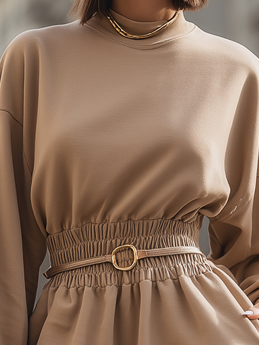 Belted Mock-Neck Mini Dress With Elastic Waist