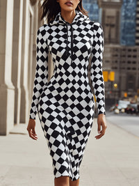Monochrome Checkered Hoodie Dress