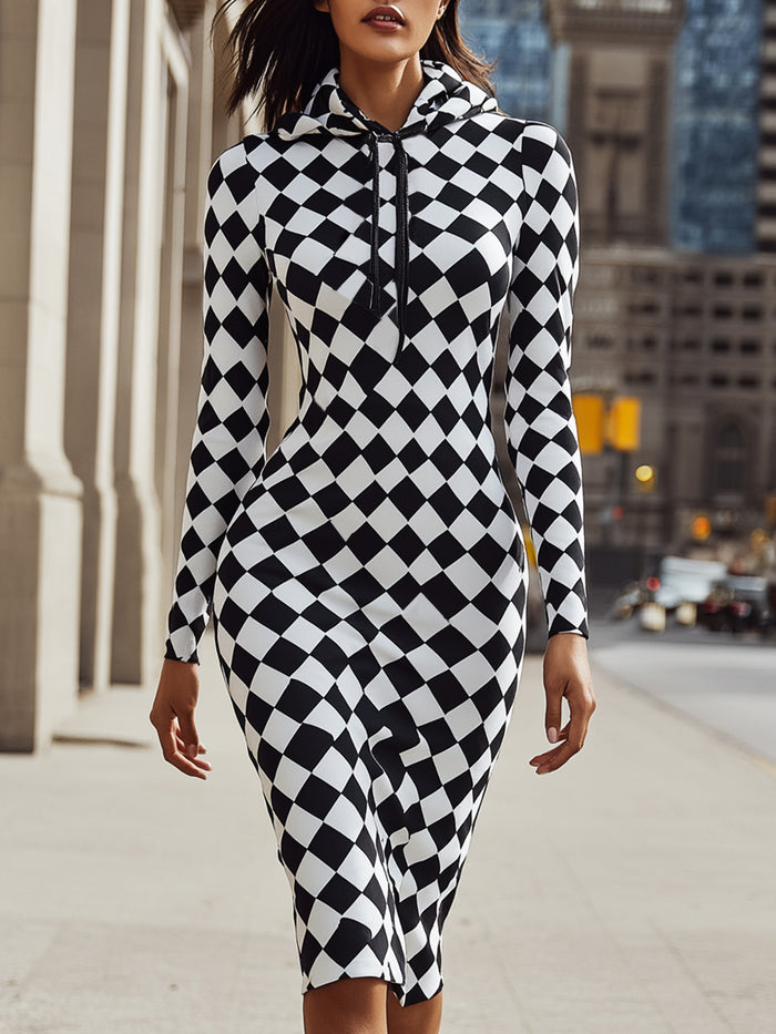 Monochrome Checkered Hoodie Dress