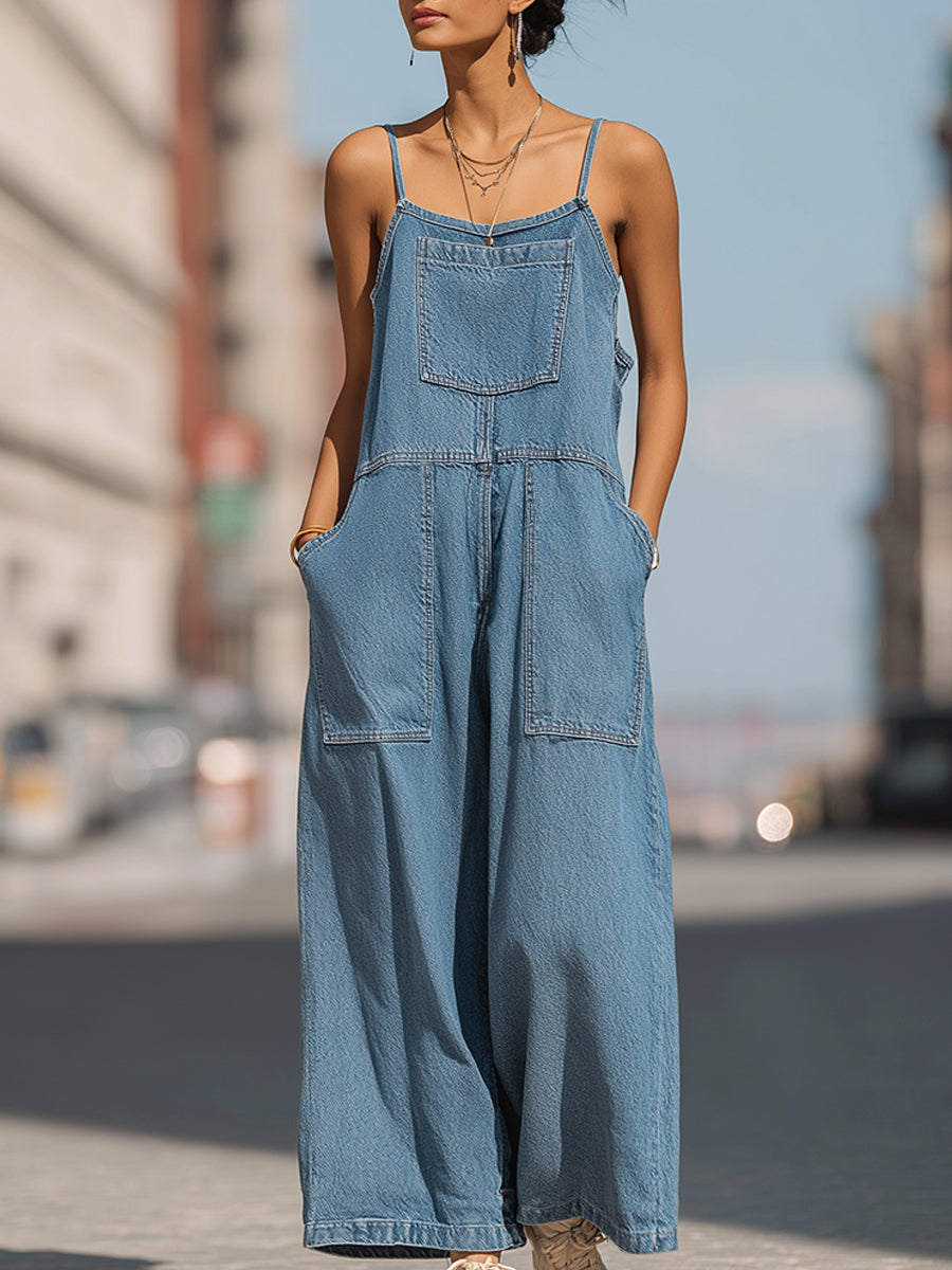 Denim Wide-Leg Pocket Cami Jumpsuit