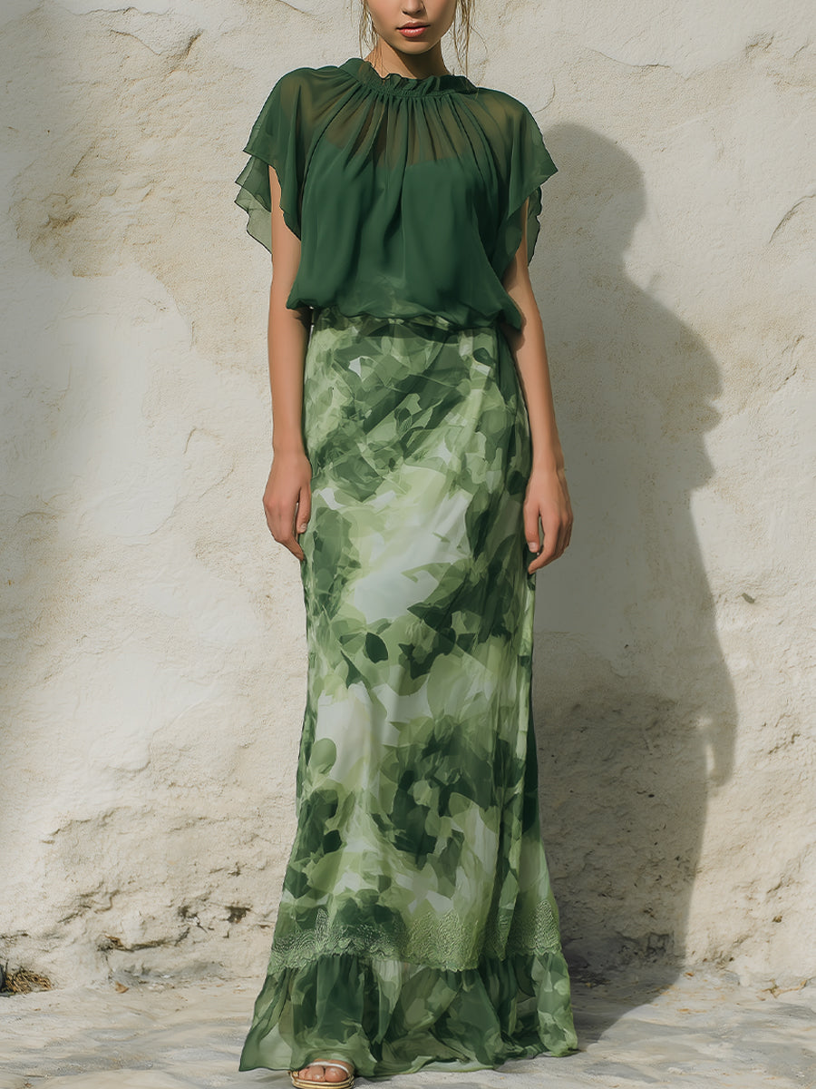 Printed Chiffon Blouse & Maxi Skirt Two-Piece Set