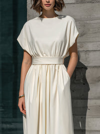 Minimalist Cap-Sleeve Midi Dress With Defined Waist