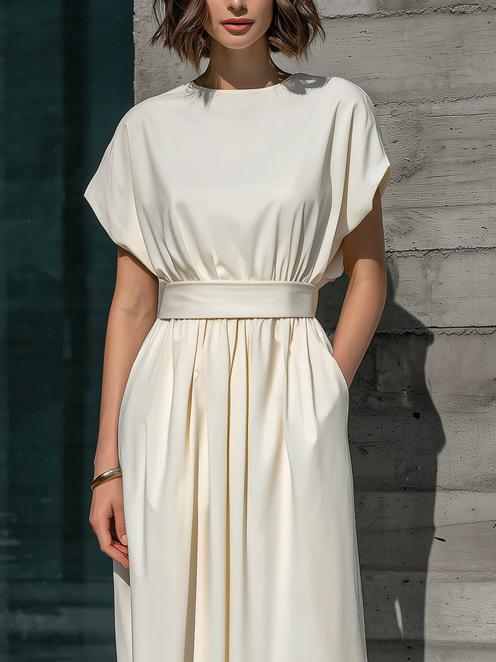 Minimalist Cap-Sleeve Midi Dress With Defined Waist