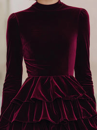 Burgundy Velvet Tiered Ruffle Mini Dress