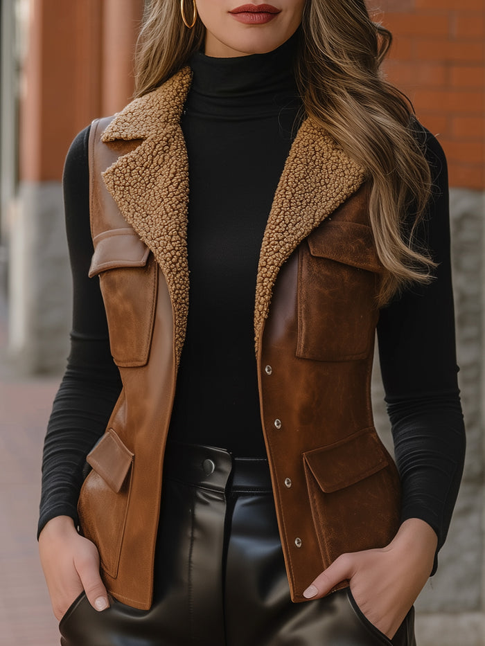 Faux Leather Utility Vest With Shearling Collar