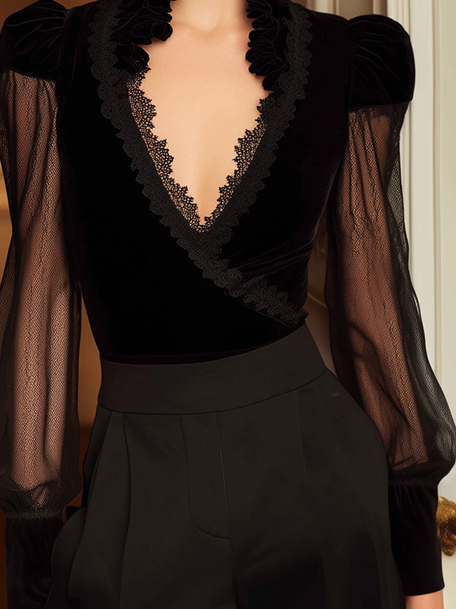 Velvet Lace-Trim Wrap Blouse With Sheer Sleeves