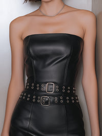Strapless Faux Leather Mini Dress With Double Belt Detail