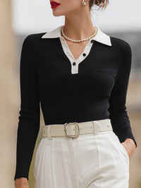 Contrast-Collar Ribbed Knit Polo Top