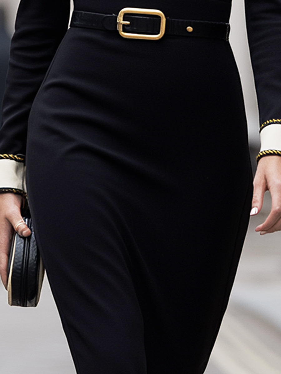Contrast Collar Belted Midi Dress