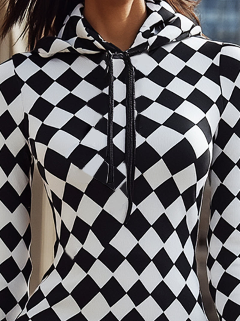 Monochrome Checkered Hoodie Dress