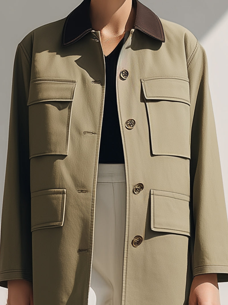 Khaki Utility Jacket With Contrast Collar