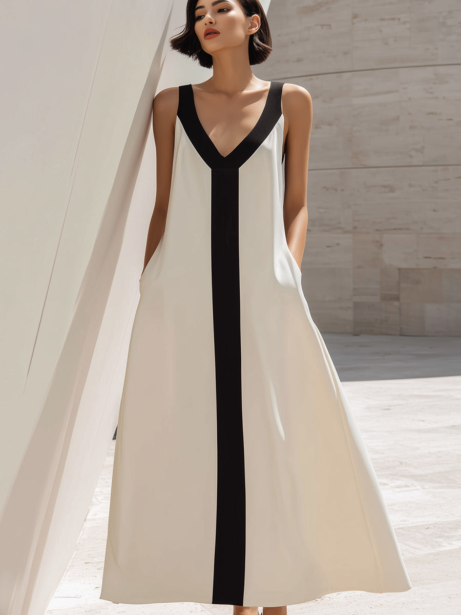 Contrast V-Neck Sleeveless Midi Dress With Vertical Panel