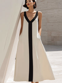 Contrast V-Neck Sleeveless Midi Dress With Vertical Panel