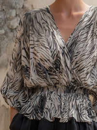 Elegant Zebra-Print V-Neck Peplum Blouse With Elastic Waist