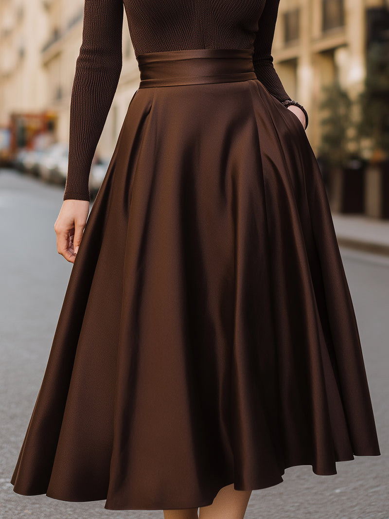 Chocolate Brown Knit And Satin Midi Dress