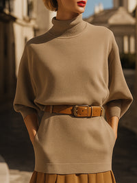 High-Neck Belted Knit Sweater