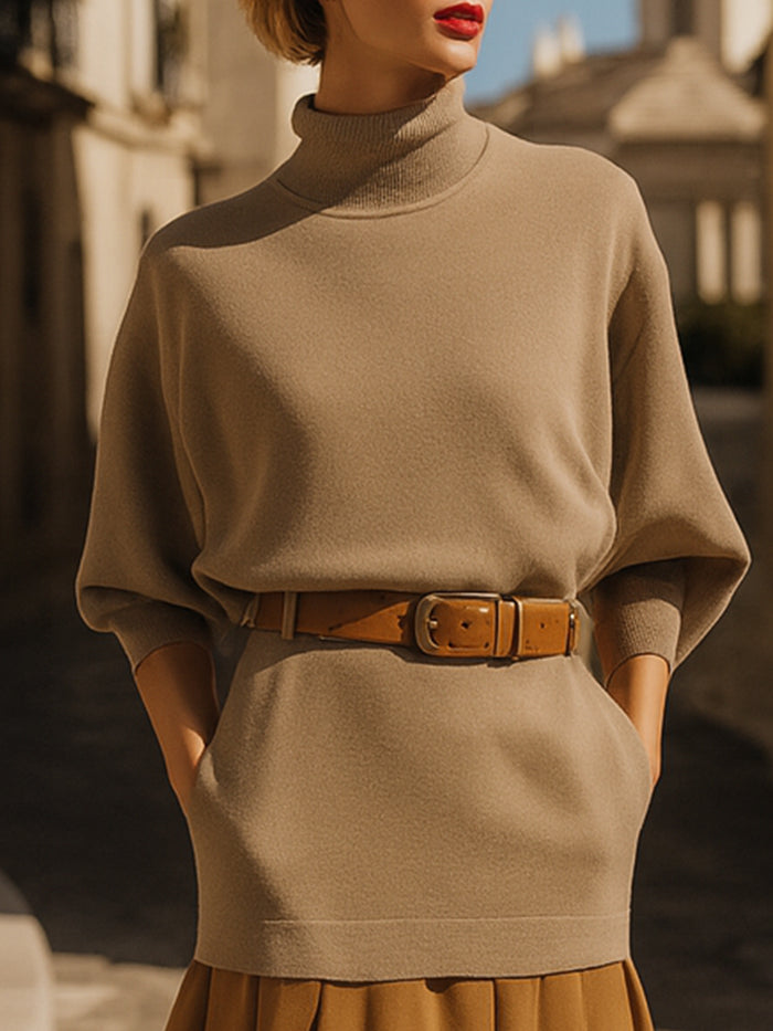 High-Neck Belted Knit Sweater