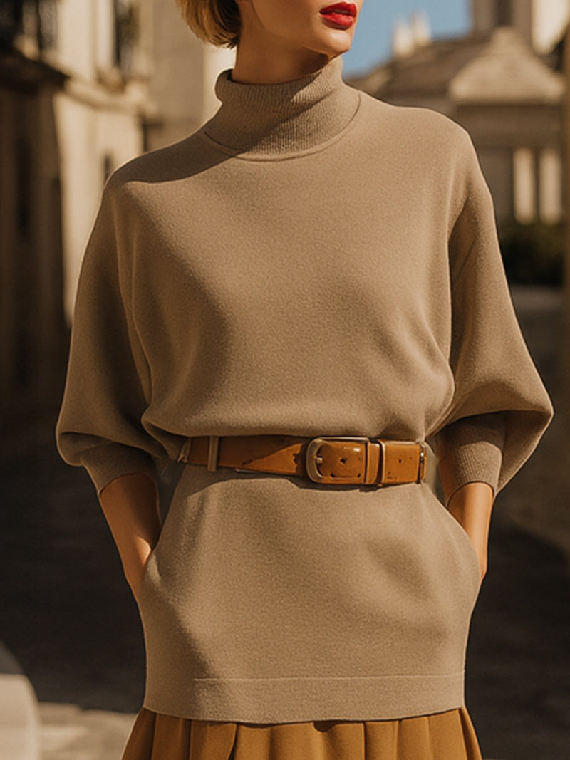 High-Neck Belted Knit Sweater