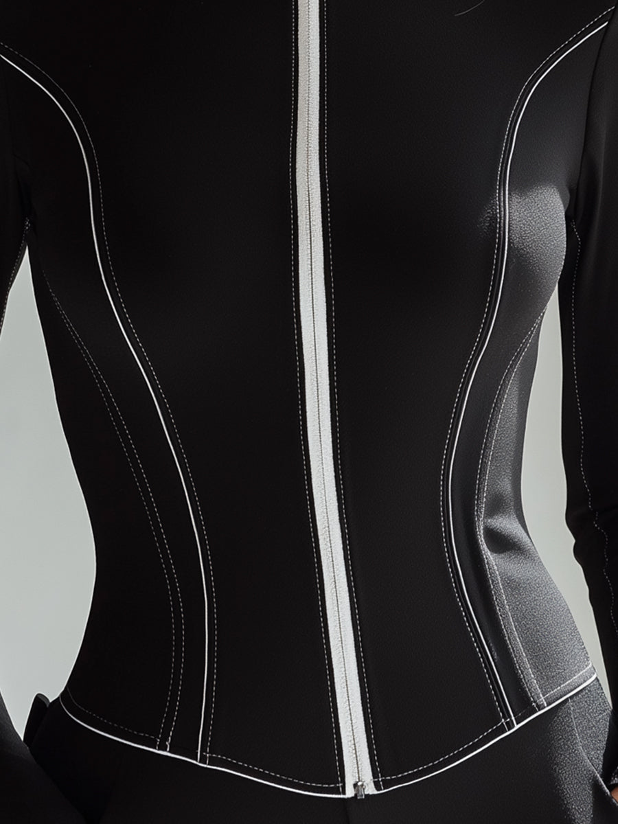 Black Contour Zip-Up Top