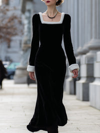 Velvet Square Neck Dress With White Trim