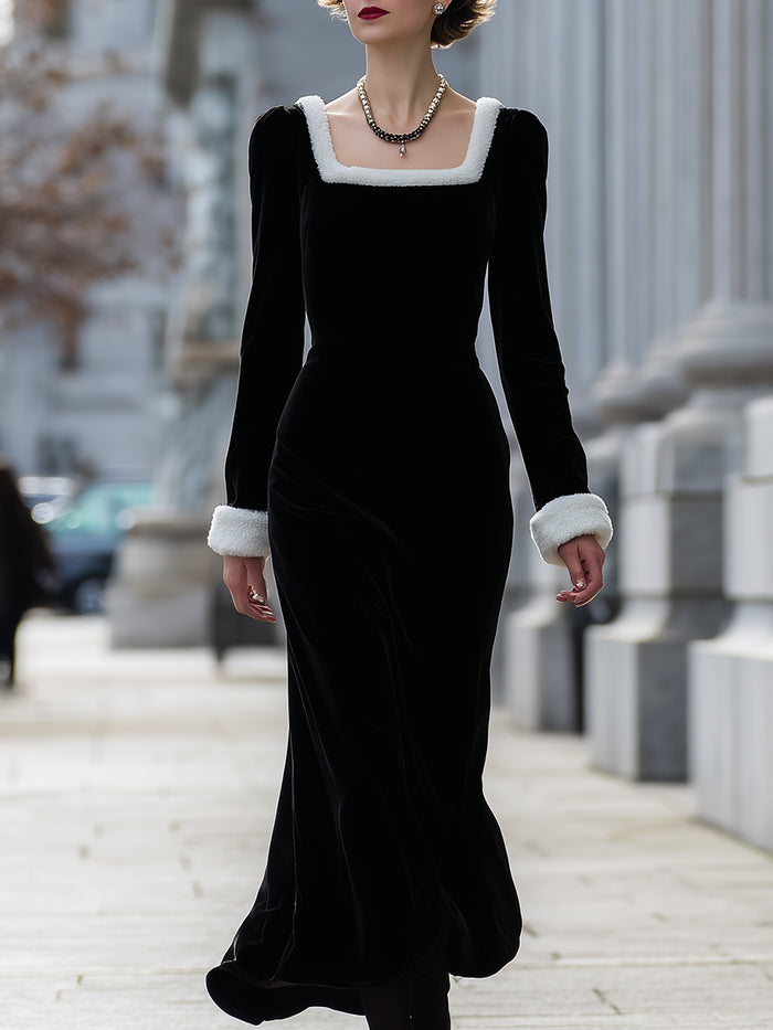 Velvet Square Neck Dress With White Trim