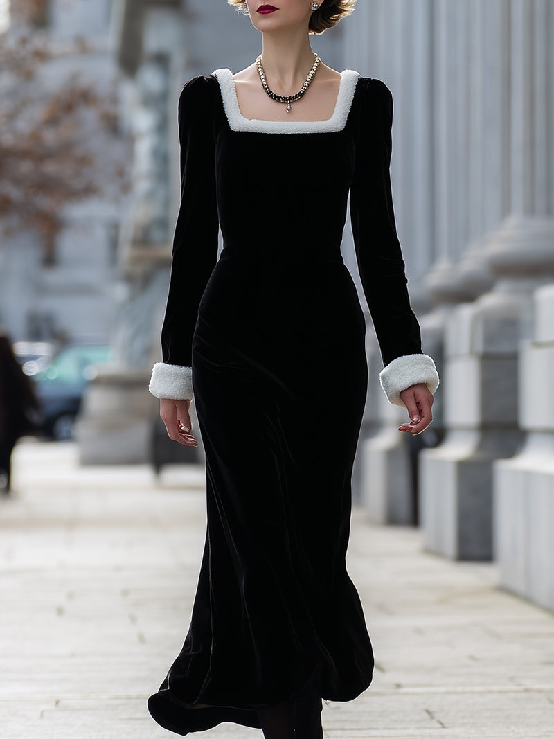 Velvet Square Neck Dress With White Trim
