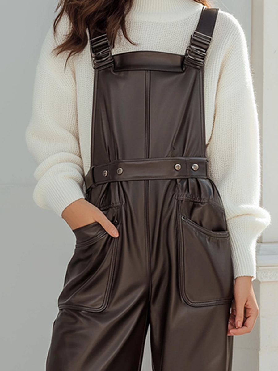 Chocolate Faux Leather Wide-Leg Overalls