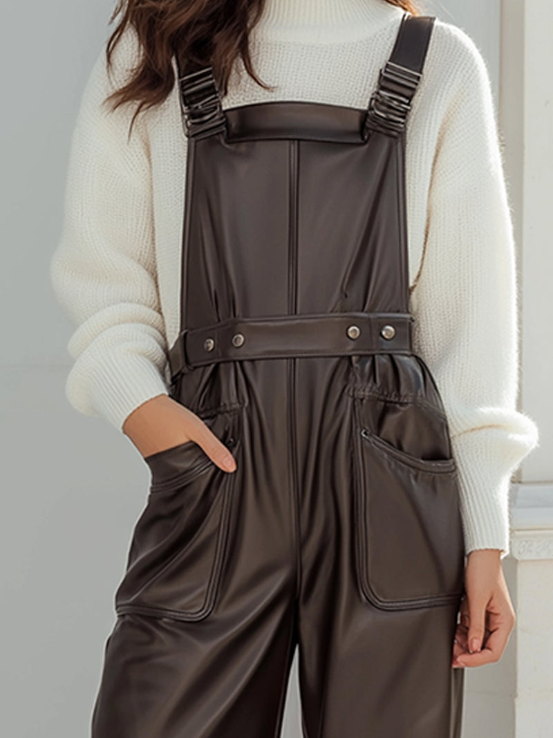 Chocolate Faux Leather Wide-Leg Overalls