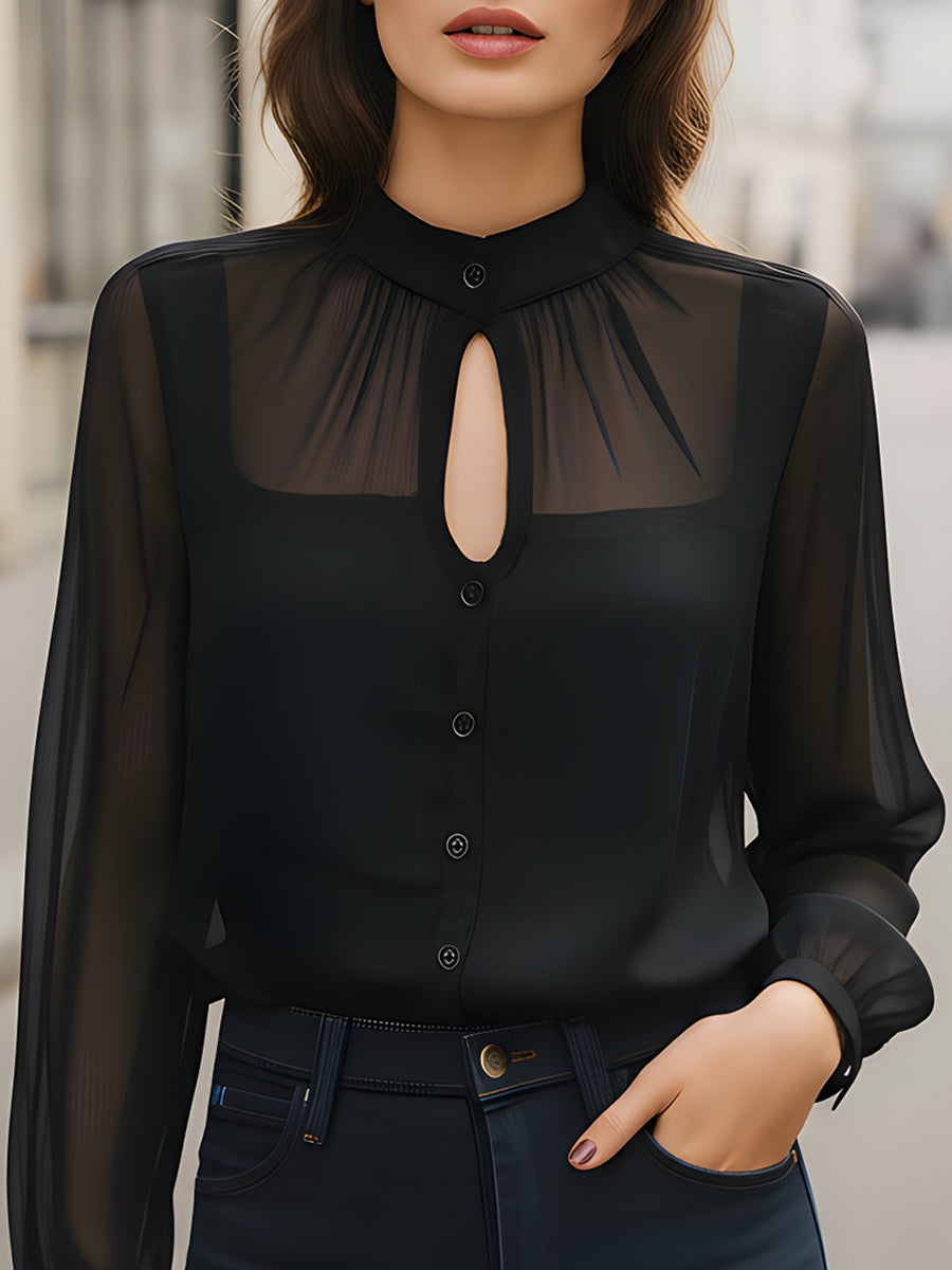 Midnight Keyhole Sheer-Yoke Button Blouse