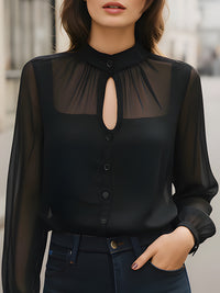 Midnight Keyhole Sheer-Yoke Button Blouse