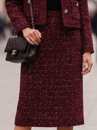 Burgundy Tweed Skirt Suit With Silver-Tone Buttons