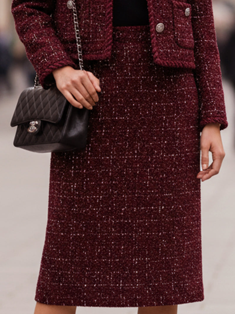 Burgundy Tweed Skirt Suit With Silver-Tone Buttons