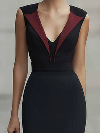 Tailored Pencil Midi Dress With Wine-Red Lapel V-Neck