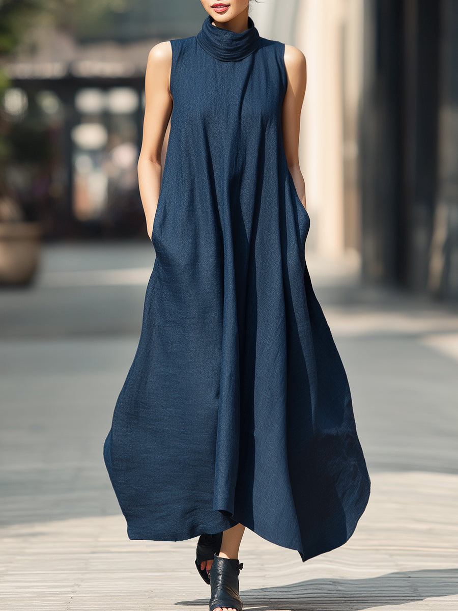 Sleeveless High-Neck Flowy Maxi Dress With Side Pockets