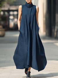 Sleeveless High-Neck Flowy Maxi Dress With Side Pockets