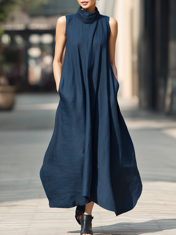Sleeveless High-Neck Flowy Maxi Dress With Side Pockets