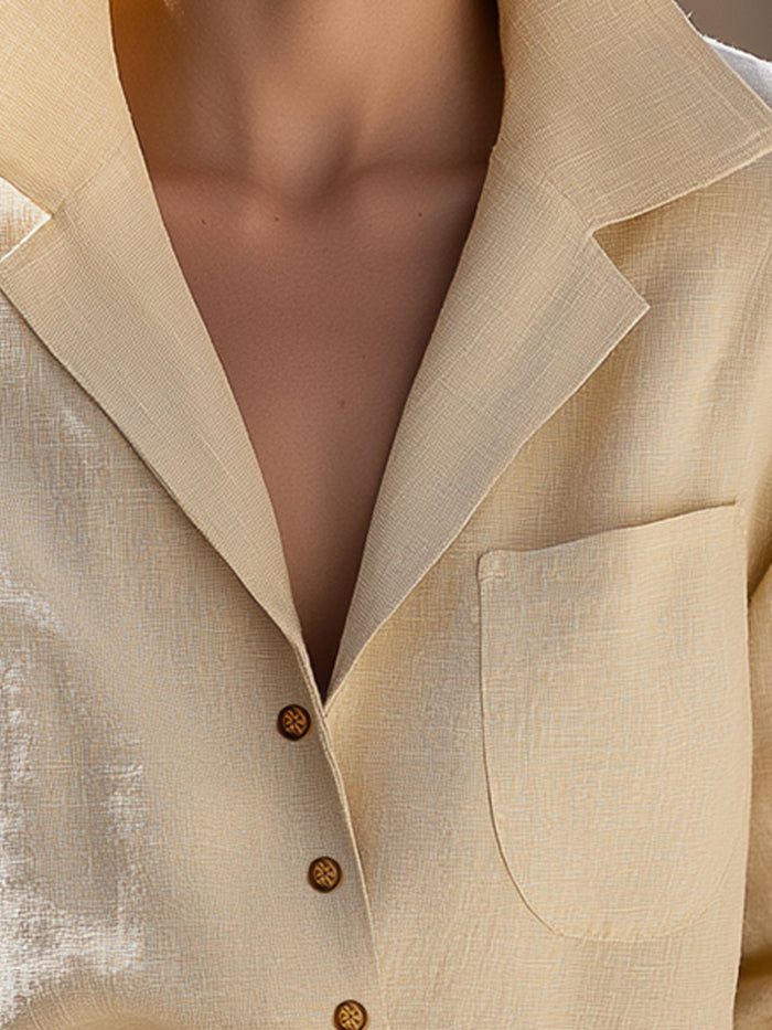 Soft Linen Blend Open-Collar Blouse In Wheat