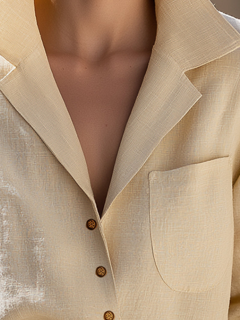 Soft Linen Blend Open-Collar Blouse In Wheat