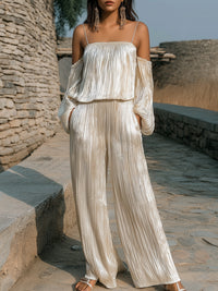 Off-Shoulder Pleated Wide-Leg Jumpsuit