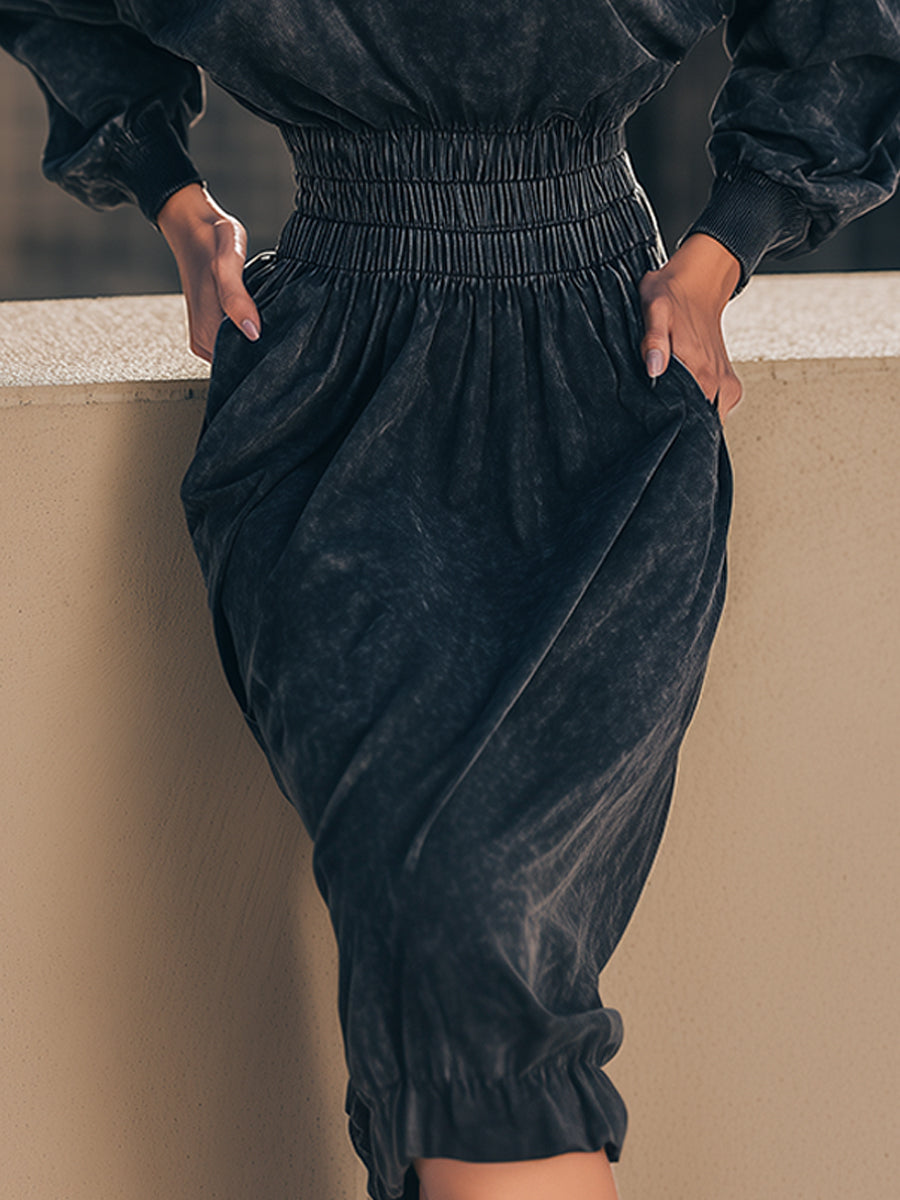 Black Washed Smocked-Waist Puff-Sleeve Midi Dress