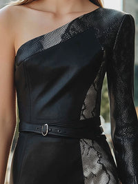 Black One-Shoulder Leather Dress With Snakeskin Panel