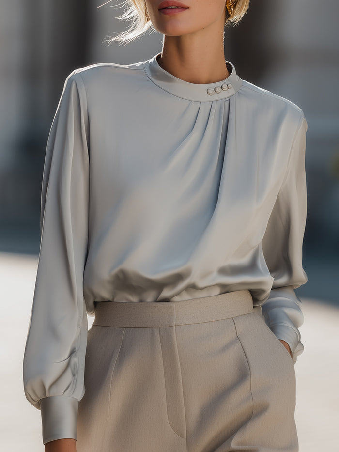 Pearl-Button Draped Satin Blouse