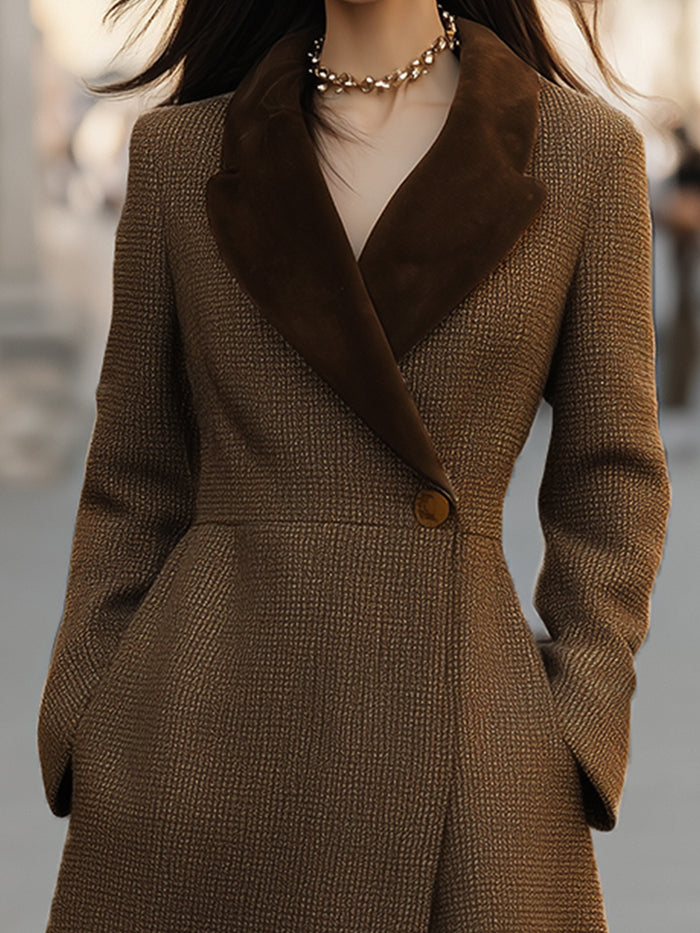 Elegant Brown Textured Wool-Blend Long Coat