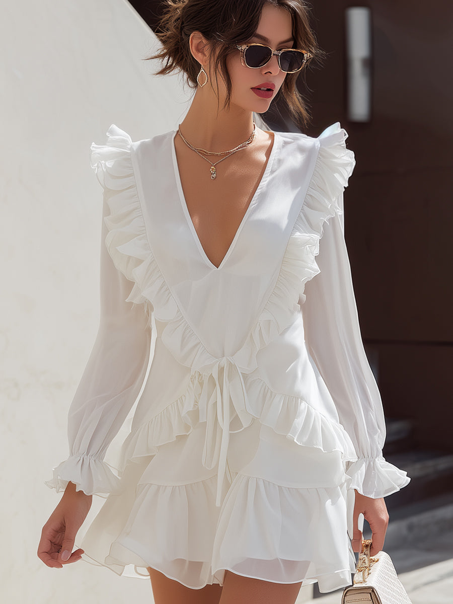Ruffled V-Neck Smocked Waist Mini Dress