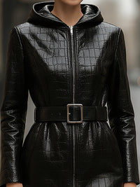 Crocodile-Embossed Leather Hooded Coat