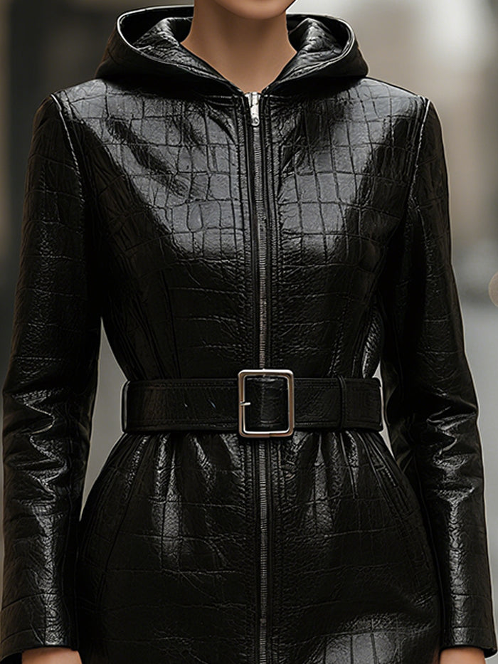 Crocodile-Embossed Leather Hooded Coat