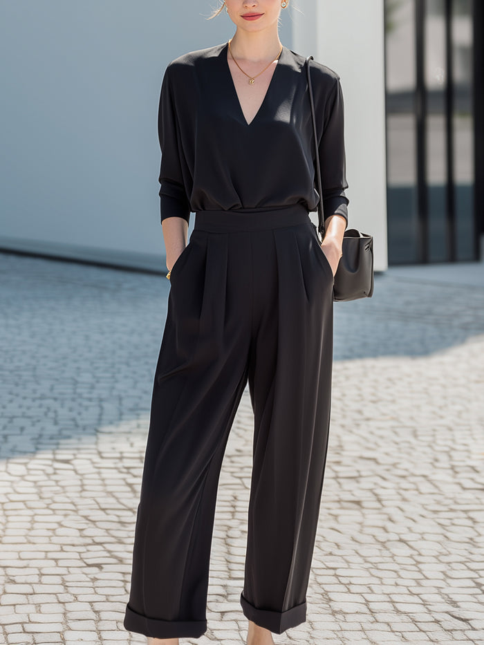 Black V-Neck Blouse & Tailored Wide-Leg Pants Set