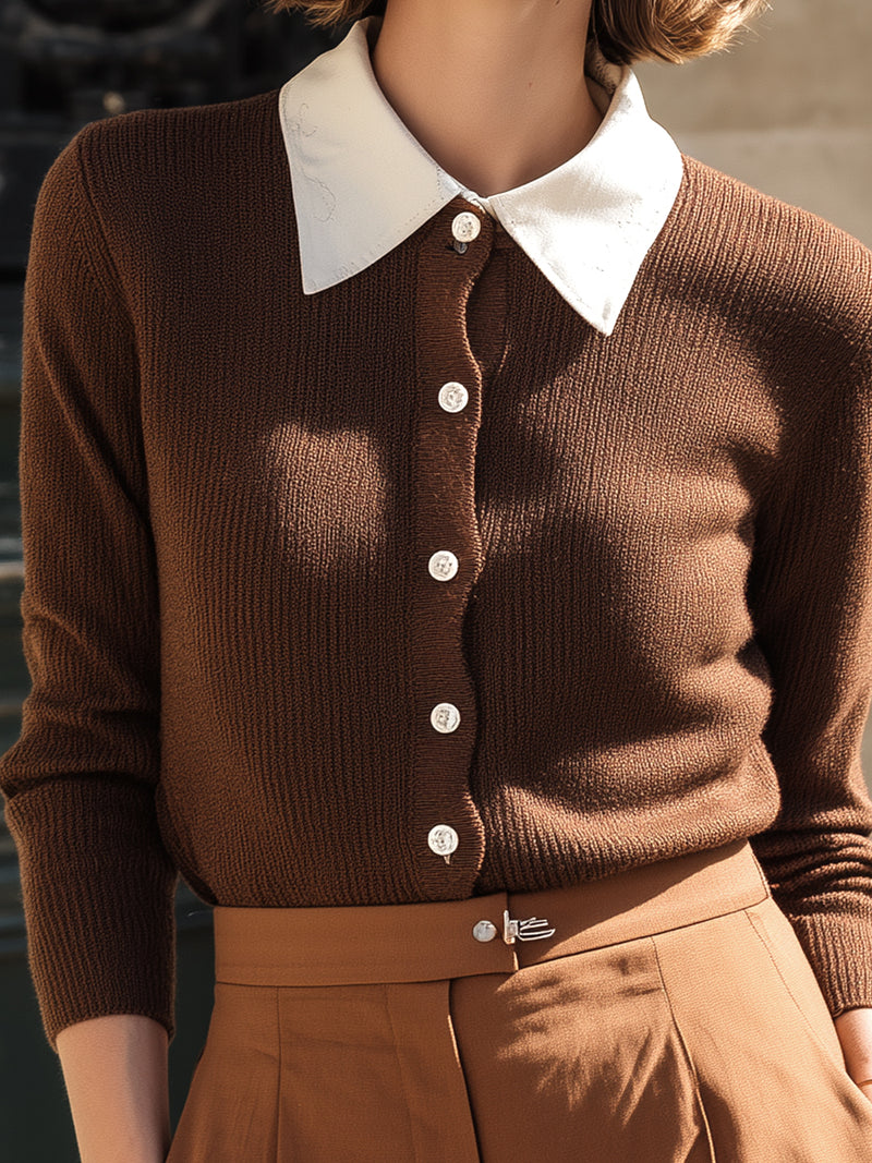 Contrast Collar Button-Up Knit Top