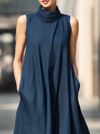 Sleeveless High-Neck Flowy Maxi Dress With Side Pockets