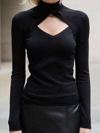 Mock-Neck Cutout Long-Sleeve Ribbed Knit Top In Black